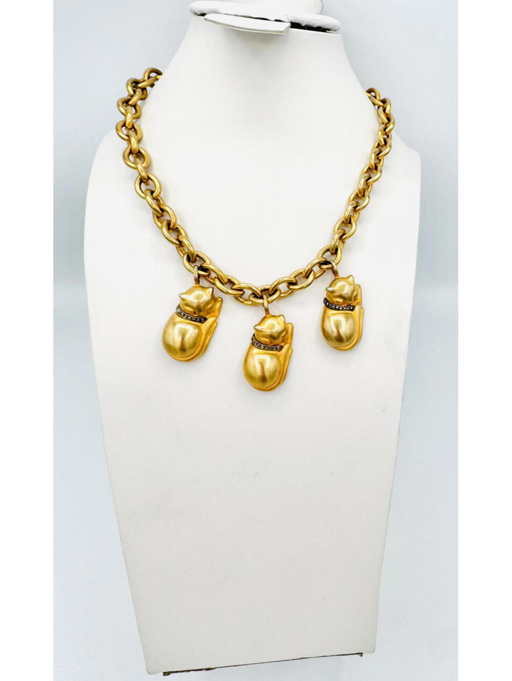 Rare Judith Jack curb gold clad chain and 3 sleeping cats with silver marcasite